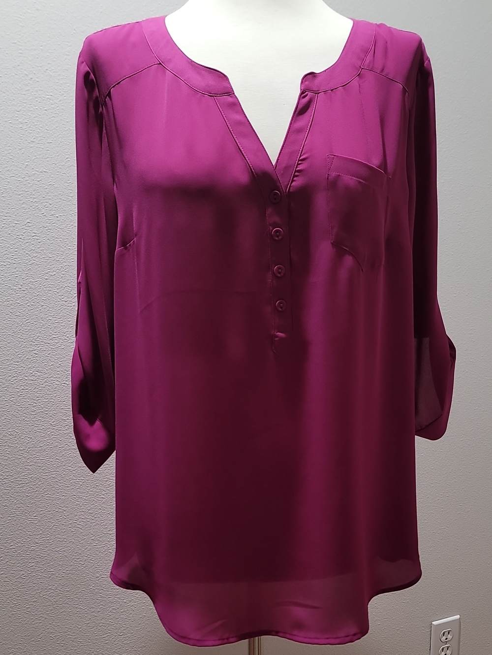 torrid Magenta Button-Front Roll-Sleeve Sheer Blouse 1X